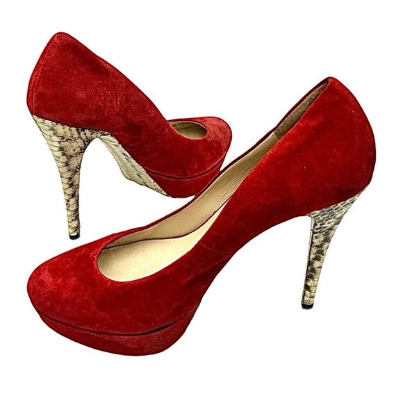 Michael Kors Red Suede 5” Platform Animal Print Soled Heels Size 8 Medium - Picture 10 of 11